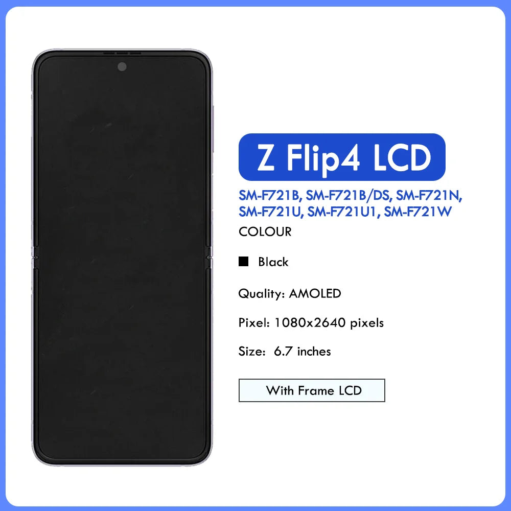 6.7" LCD For Samsung Z Flip 4 LCD Display Touch Screen With Frame For Samsung Z Flip4 SM-F721B F721N Replacement