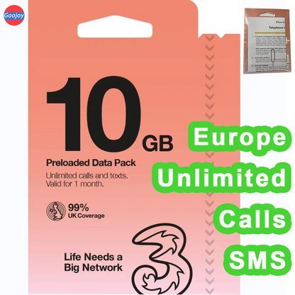 Europe 30Days UK Three Sim Card，UK 10/30/60GB Data (Europe 12GB Data)，Unlimited Talk & Texts，UK Phone Number，Free Roaming Europe