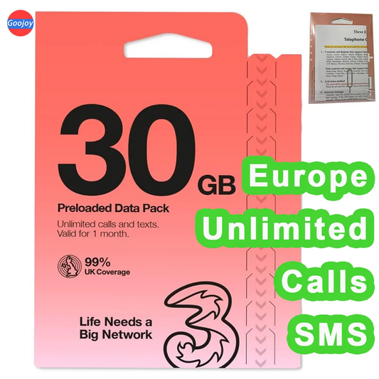 Europe 30Days UK Three Sim Card，UK 10/30/60GB Data (Europe 12GB Data)，Unlimited Talk & Texts，UK Phone Number，Free Roaming Europe