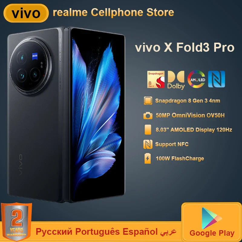 Vivo X Fold 3 Pro Mobile Phone 8.03'' AMOLED Snapdragon 8Gen3 IPX8 5700mAh 100W Supercharge 50W wireless 50MP NFC Smartphone